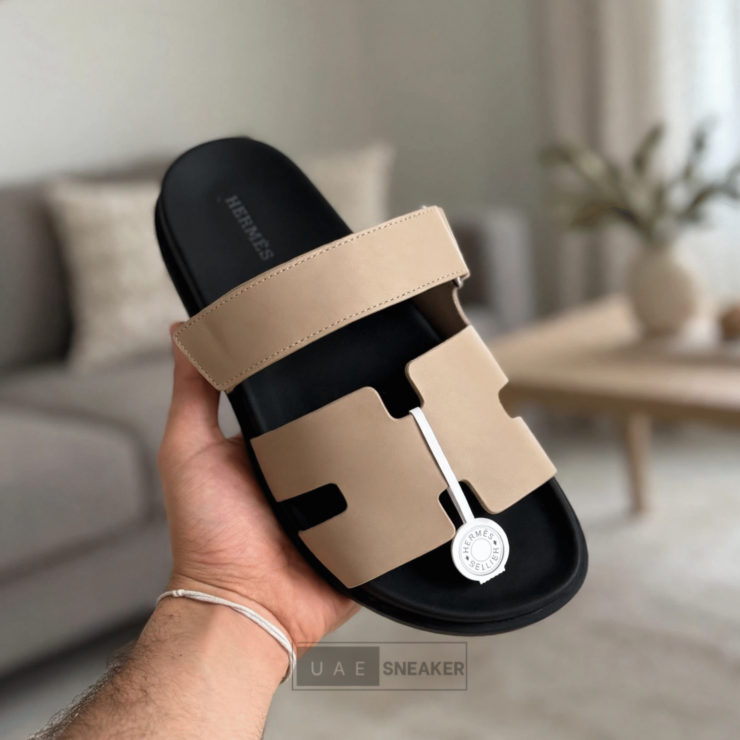 Hermes Chypre Sandals Beige Black