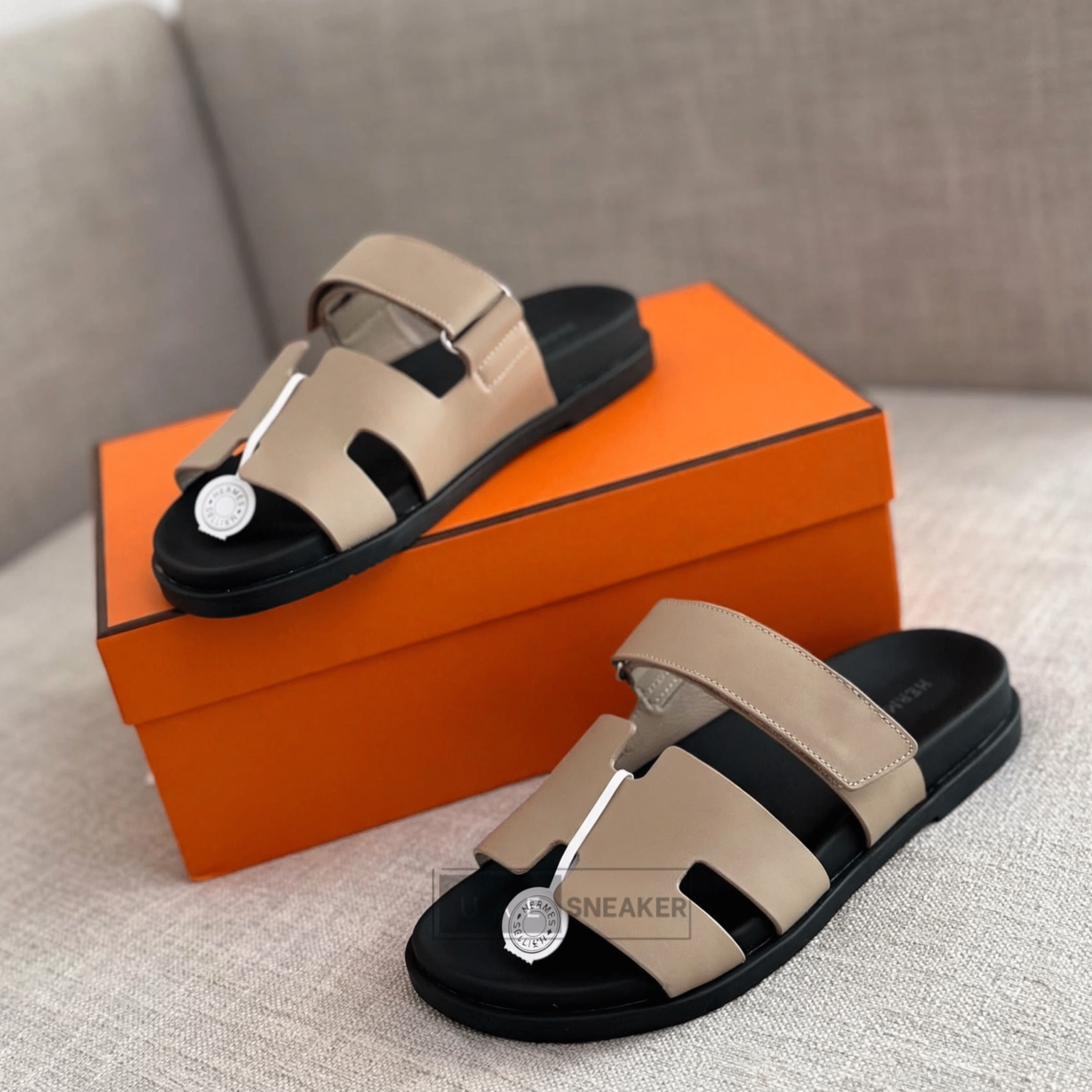 Hermes Chypre Sandals Beige Black - Image 3