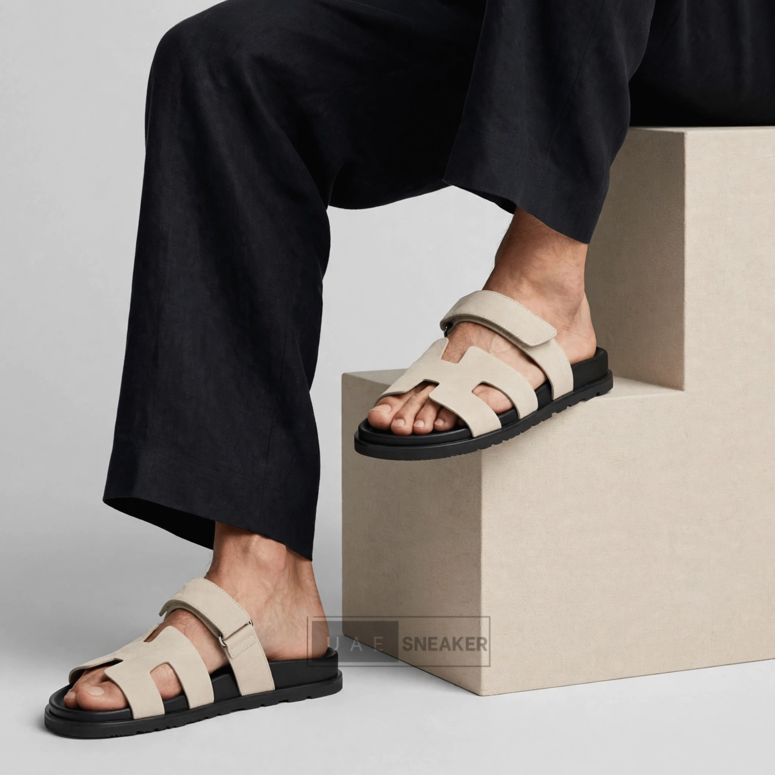 Hermes Chypre Sandals Beige Black - Image 4